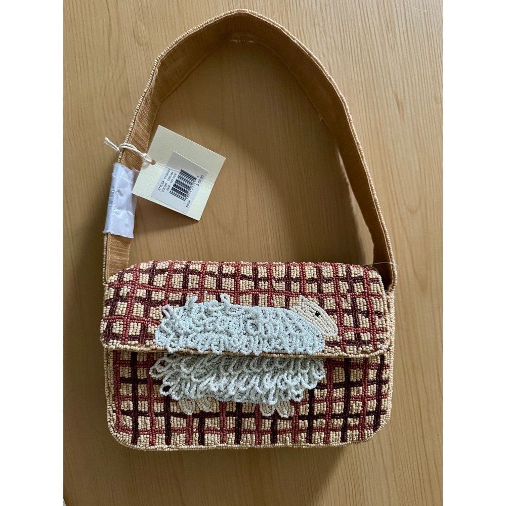 Viral Sun and Mer Beaded Sheep Shoulder Bag Cream Grid Animal Motif NWT